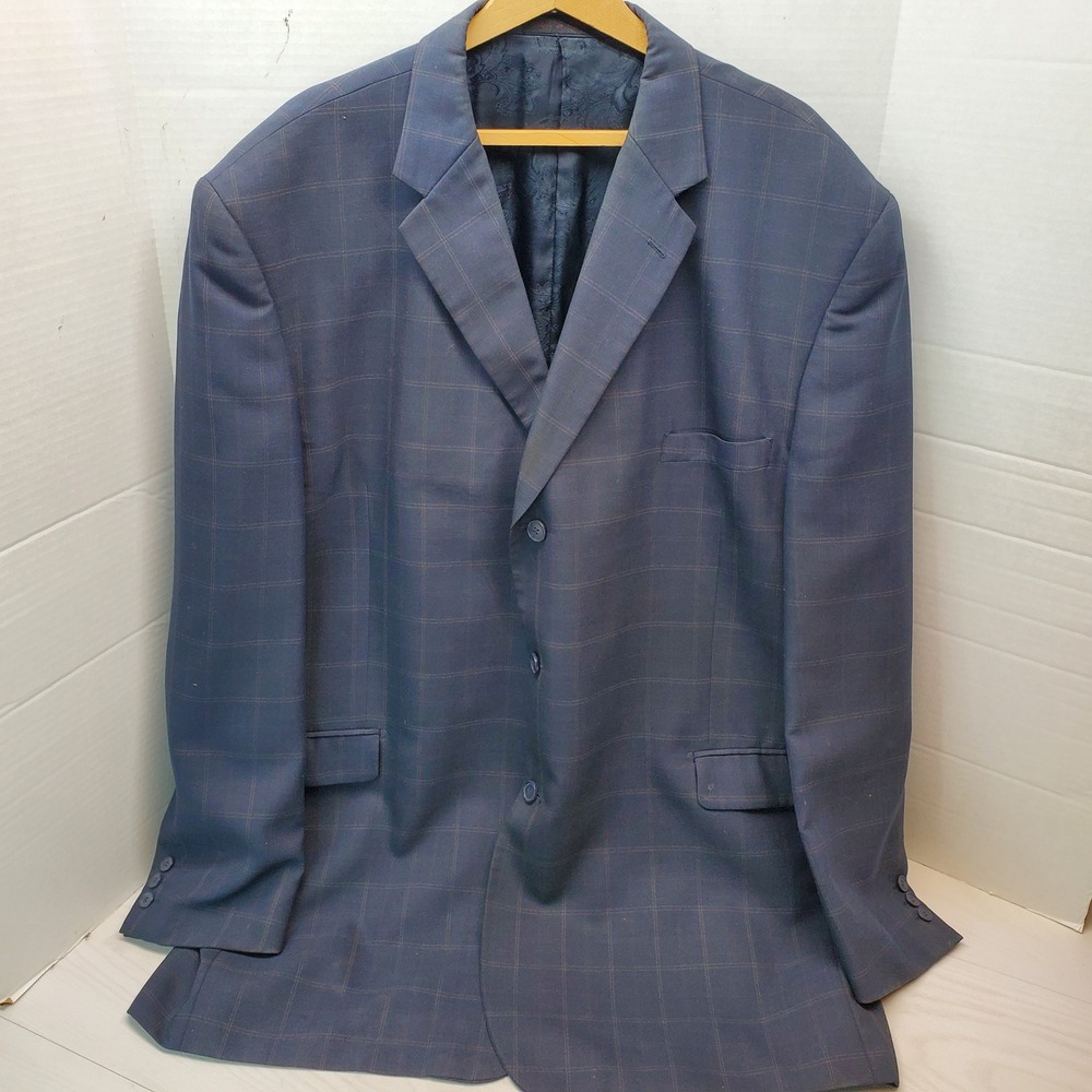 Phat Premium by‎ Phat Farm Mens 52L Navy Blue Windowpane 3-Button Blazer Jacket
